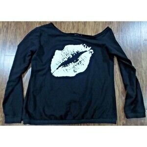 MAGICMK Off The Shoulder Pullover Black Sweatshirt 2XL Long Sleeve White Lips